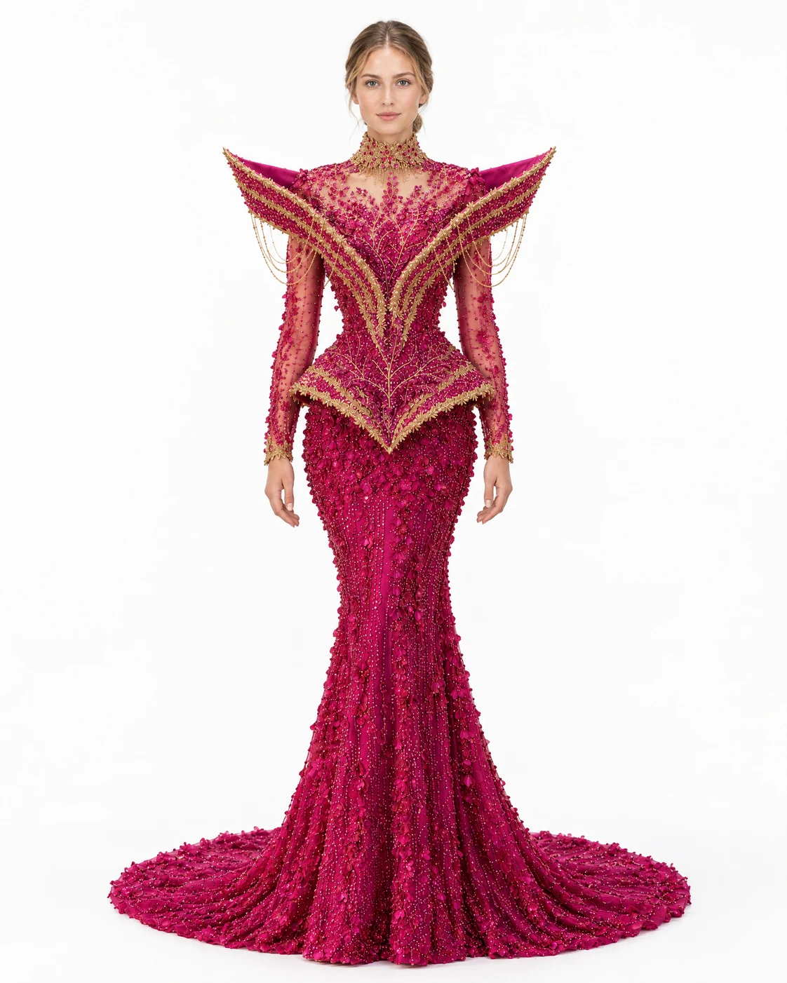 FUCHSIA GOLD WING GOWN — Фуксија и злато