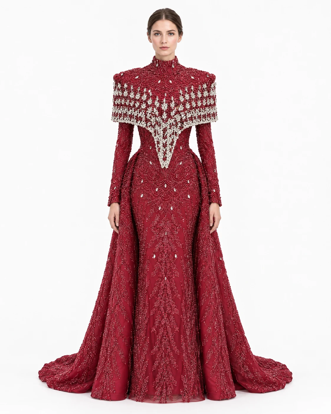 RED CRYSTAL CAPELET GOWN — Koyu kırmızı ve kristal
