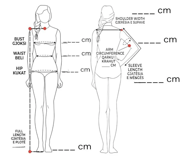 Queen Fashion measurement guide: two figures, front and back, showing where bust, waist, hip, full length, shoulder width, arm circumference and sleeve length are taken.